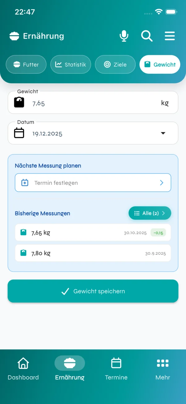 ZooByte App - Gewichtstracking und Gewichtsverlauf für Hund und Katze - Deine smarte Gesundheits-App