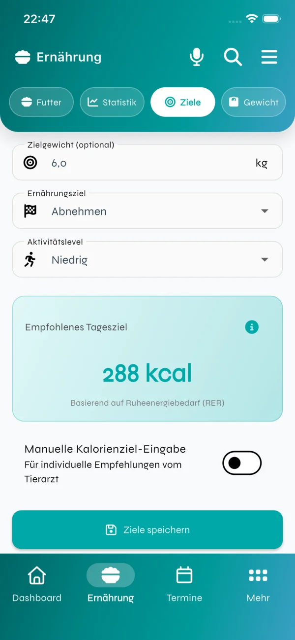 ZooByte App - Ernährungsziele und Kalorienziel für Hund und Katze festlegen - Tiergesundheit optimieren