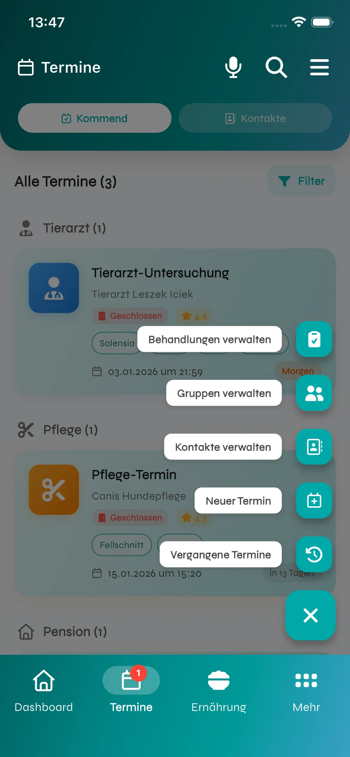 Termin Schnellzugriff – Neuer Termin, Kontakte verwalten, Behandlungen anlegen mit einem Klick